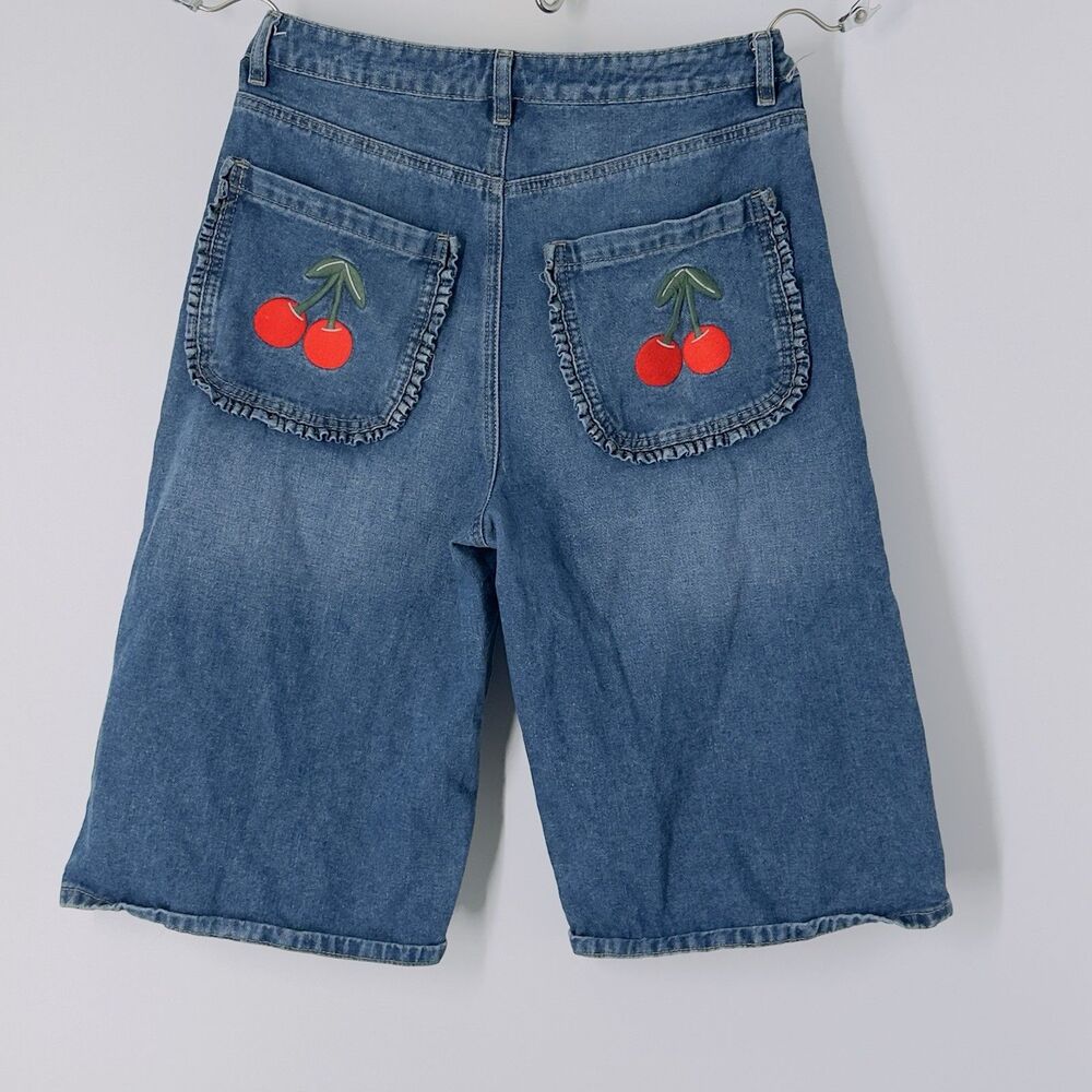 Ashley  Girls  Denim Bermuda  Embroidered Cherry back Pockets Red Hem Accents